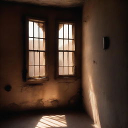 A dimly lit prison cell with light streaming through a small window