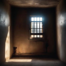 A dimly lit prison cell with light streaming through a small window