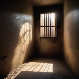 A dimly lit prison cell with light streaming through a small window