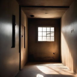 A dimly lit prison cell with light streaming through a small window