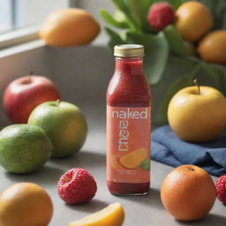 A chilled bottle of Naked Juice, surrounded by the fresh fruits from which it's made. The natural sunlight glimmers, highlighting the vibrant color of the beverage.