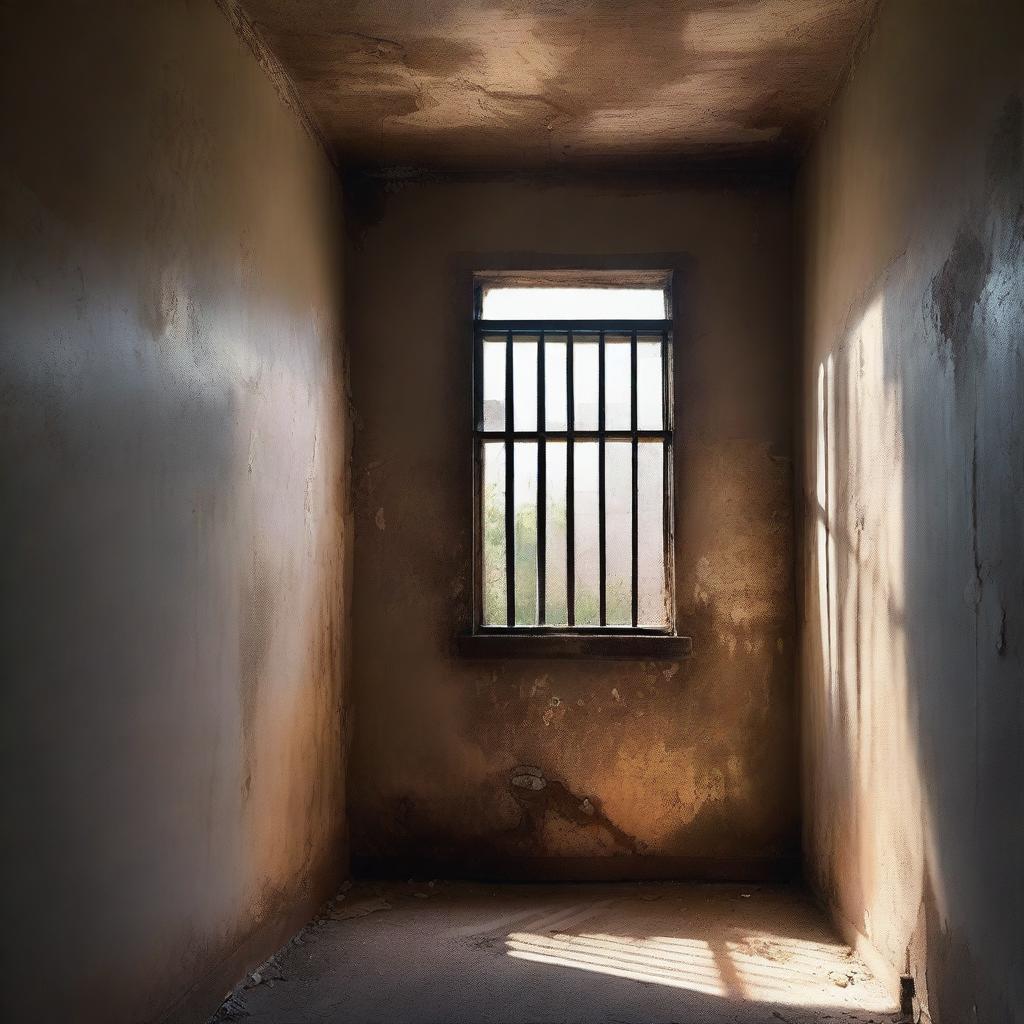 An old and worn prison cell with light streaming through a small window