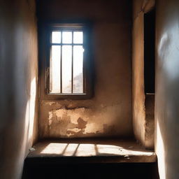 An old and worn prison cell with light streaming through a small window