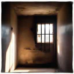 An old and worn prison cell with light streaming through a small window