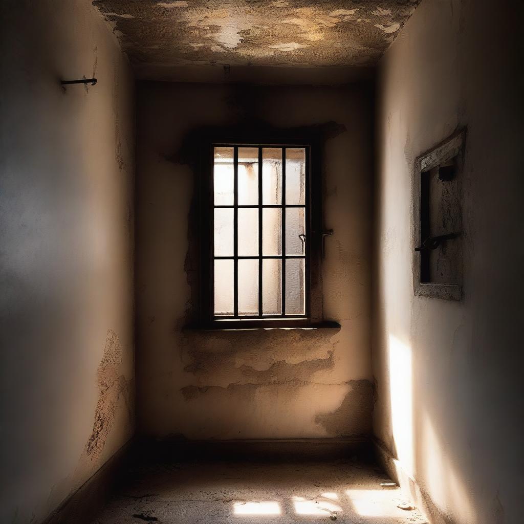 An old and worn prison cell with light streaming through a small window