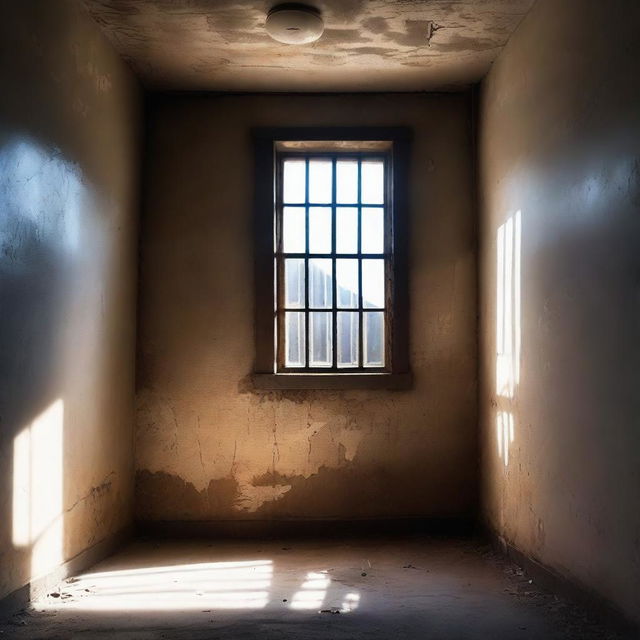 An old and worn prison cell with light streaming through a small window, creating an ethereal glow