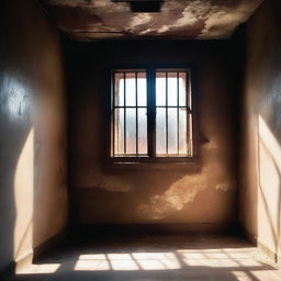 An old and worn prison cell with light streaming through a small window, creating an ethereal glow