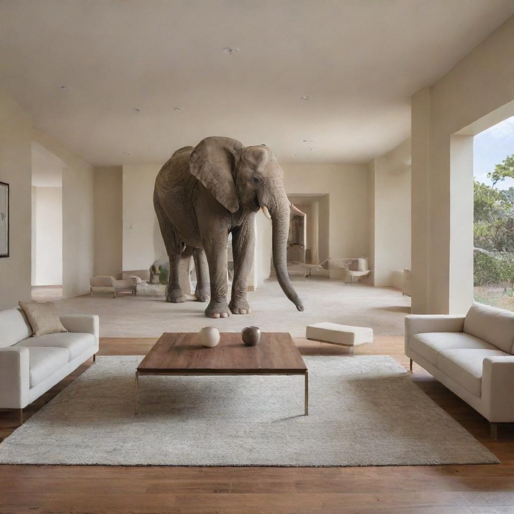 A spacious, well-lit room filled with contemporary furniture but noticeably devoid of any elephant imagery or statues.