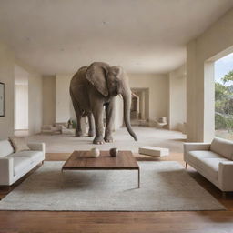 A spacious, well-lit room filled with contemporary furniture but noticeably devoid of any elephant imagery or statues.