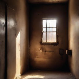 An old and worn prison cell with light streaming through a small window, creating an ethereal glow