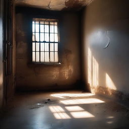 An old and worn prison cell with light streaming through a small window, creating an ethereal glow