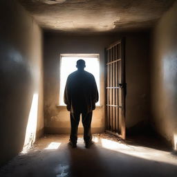 An old and worn prison cell with light streaming through a small window