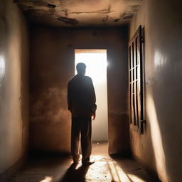 An old and worn prison cell with light streaming through a small window