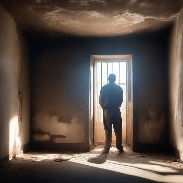 An old and worn prison cell with light streaming through a small window