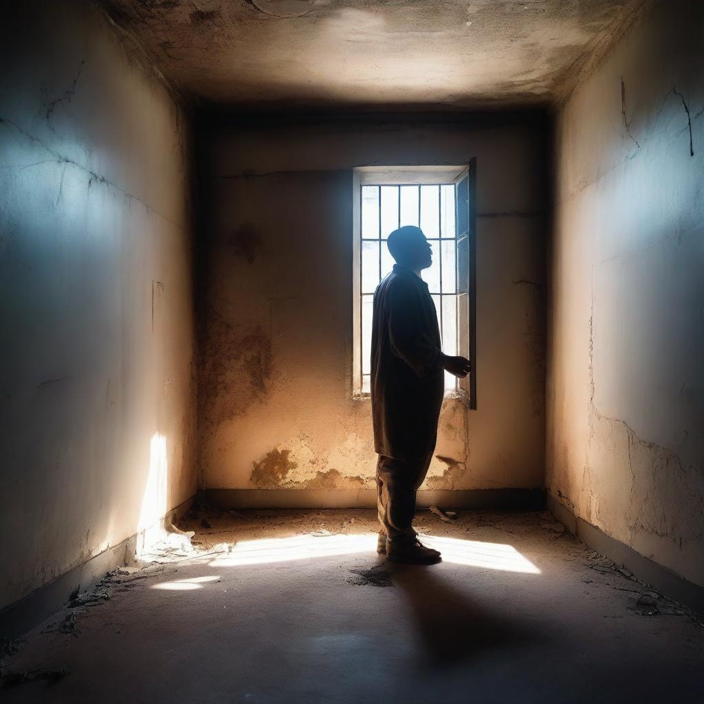 An old and worn prison cell with light streaming through a small window