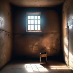 An old and worn prison cell with light streaming through a small window