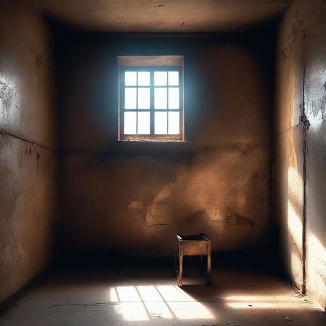 An old and worn prison cell with light streaming through a small window