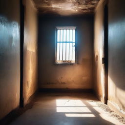 An old and worn prison cell with light streaming through a small window