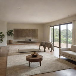 A spacious, well-lit room filled with contemporary furniture but noticeably devoid of any elephant imagery or statues.