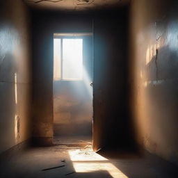 An old and worn prison cell with light streaming through a small window