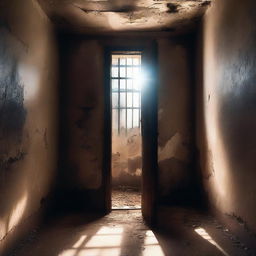 An old and worn prison cell with light streaming through a small window