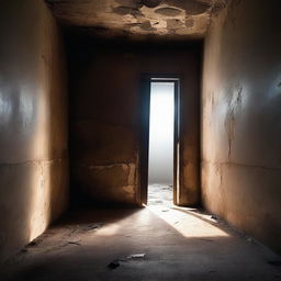 An old and worn prison cell with light streaming through a small window