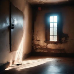 An old and worn prison cell with light streaming through a small window