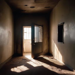 An old and worn prison cell with light streaming through a small window