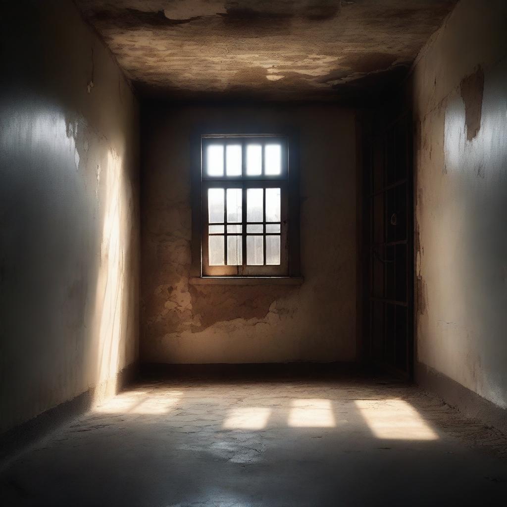 An old and worn prison cell with light streaming through a small window