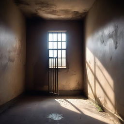 An old and worn prison cell with light streaming through a small window