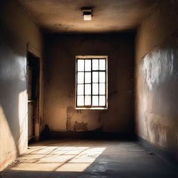 An old and worn prison cell with light streaming through a small window