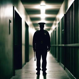 A stern prison guard standing in a dimly lit corridor of a prison