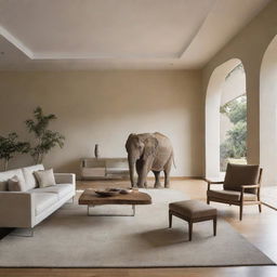 A spacious, well-lit room filled with contemporary furniture but noticeably devoid of any elephant imagery or statues.