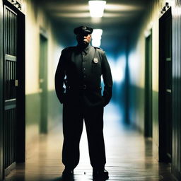 A stern prison guard standing in a dimly lit corridor of a prison