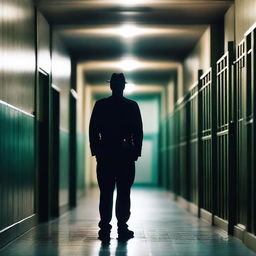 A stern prison guard standing in a dimly lit corridor of a prison