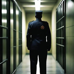 A stern prison guard standing in a dimly lit corridor of a prison