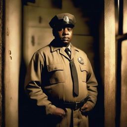 A stern prison guard standing inside a dimly lit prison cell