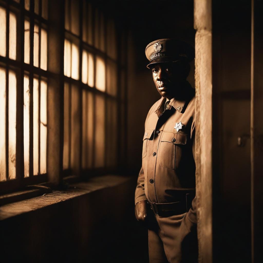 A stern prison guard standing inside a dimly lit prison cell