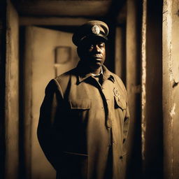 A stern prison guard standing inside a dimly lit prison cell