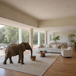 A spacious, well-lit room filled with contemporary furniture but noticeably devoid of any elephant imagery or statues.