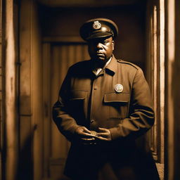 A stern prison guard standing inside a dimly lit prison cell