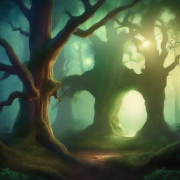 Create a captivating book cover featuring an ancient, mystical forest with towering trees and a hidden, glowing portal