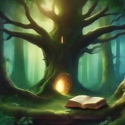 Create a captivating book cover featuring an ancient, mystical forest with towering trees and a hidden, glowing portal