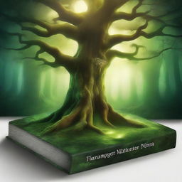 Create a captivating book cover featuring an ancient, mystical forest with towering trees and a hidden, glowing portal