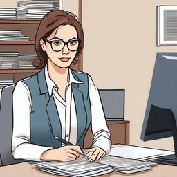 A female journalist wearing glasses, sitting at a desk with a laptop and notepad