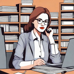 A female journalist wearing glasses, sitting at a desk with a laptop and notepad