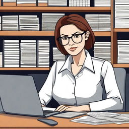 A female journalist wearing glasses, sitting at a desk with a laptop and notepad