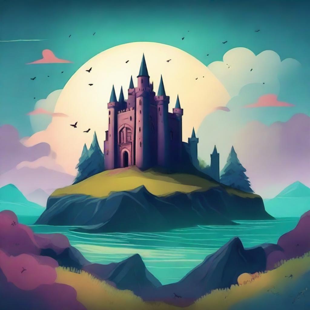 Create an intriguing book cover featuring a mysterious landscape with a hidden castle in the background