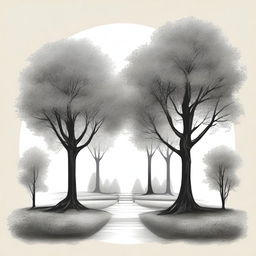 Create a drawing featuring the title 'Elite & Commoners' surrounded by an elegant arrangement of trees