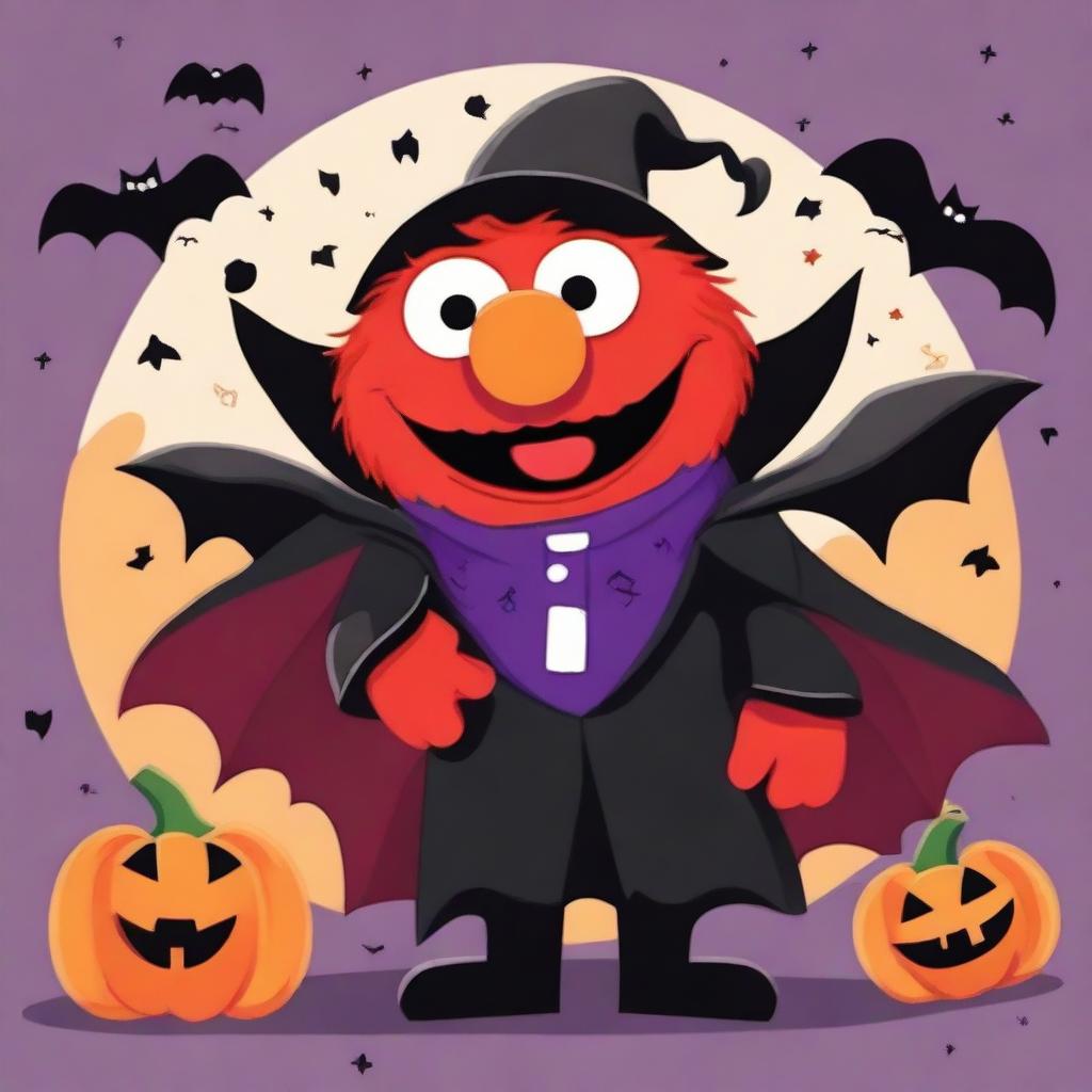 A colorful and playful illustration of Elmo dressed as a vampire